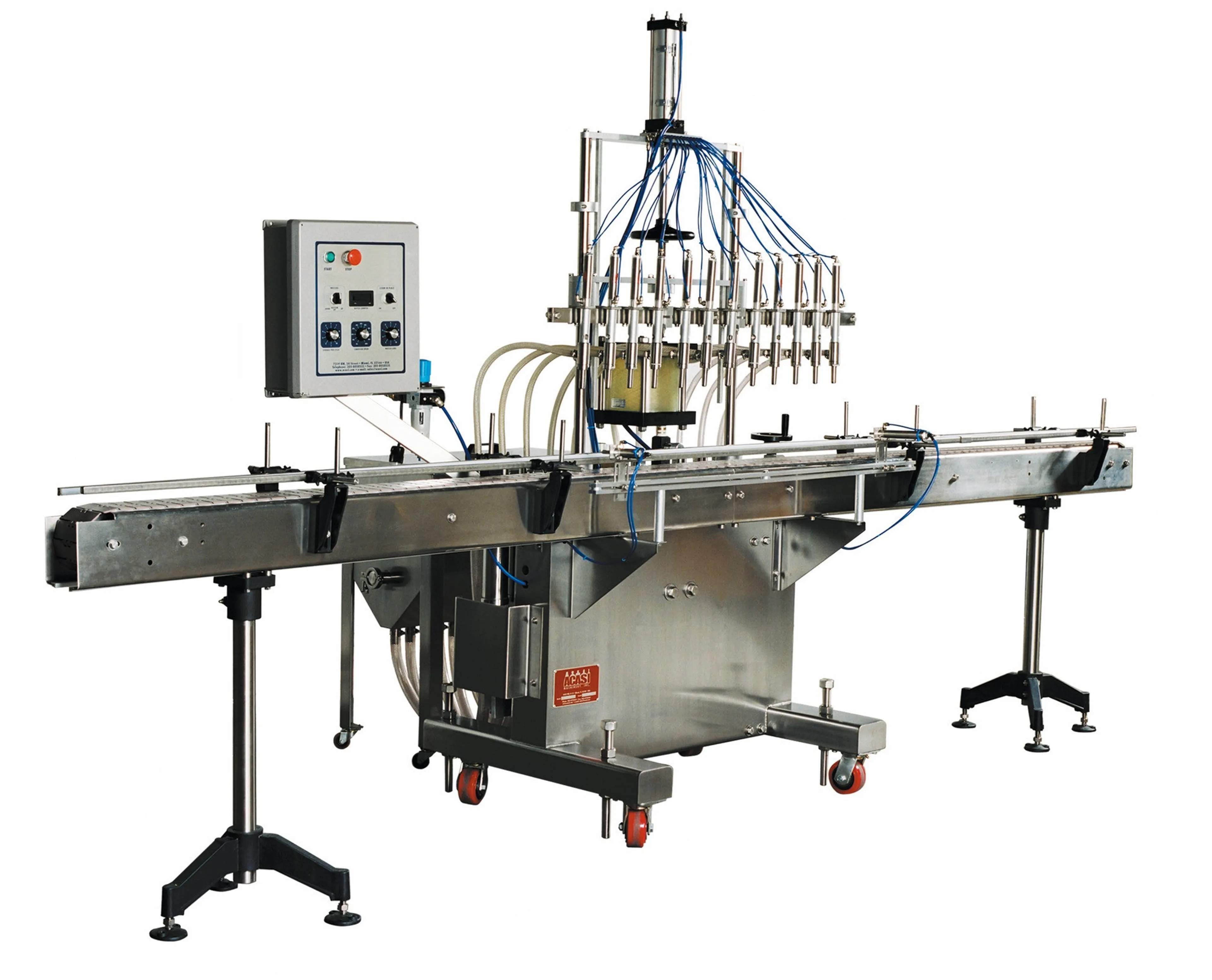 Automatic inline piston filler machine, high viscocity liquid products, 30 gallons tank, model PI3100, by Acasi Machinery Inc., left and front view.